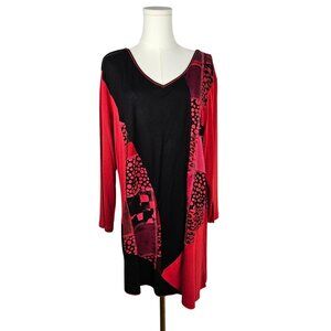 Parsley & Sage 2X Red Black Patchwork Long Sleeve Tunic Top Lagenlook